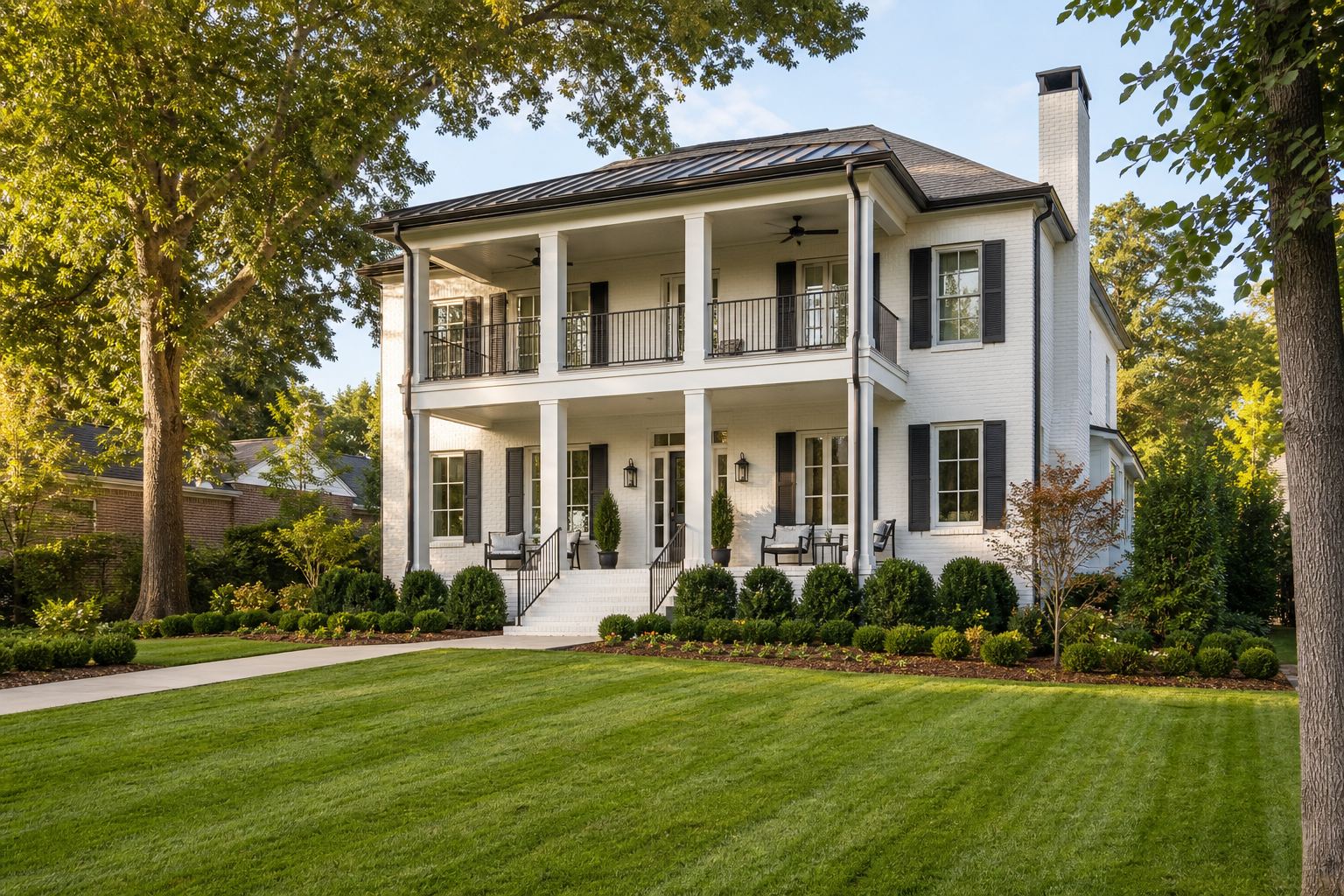 Healthy green lawn in front of a brick home